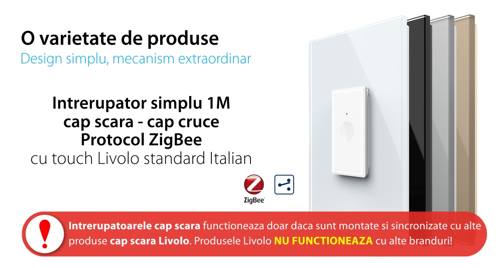 Intrerupator Simplu Cap Scara / Cruce cu Touch Livolo cu Rama Din Sticla 1M, Zigbee – Serie Noua