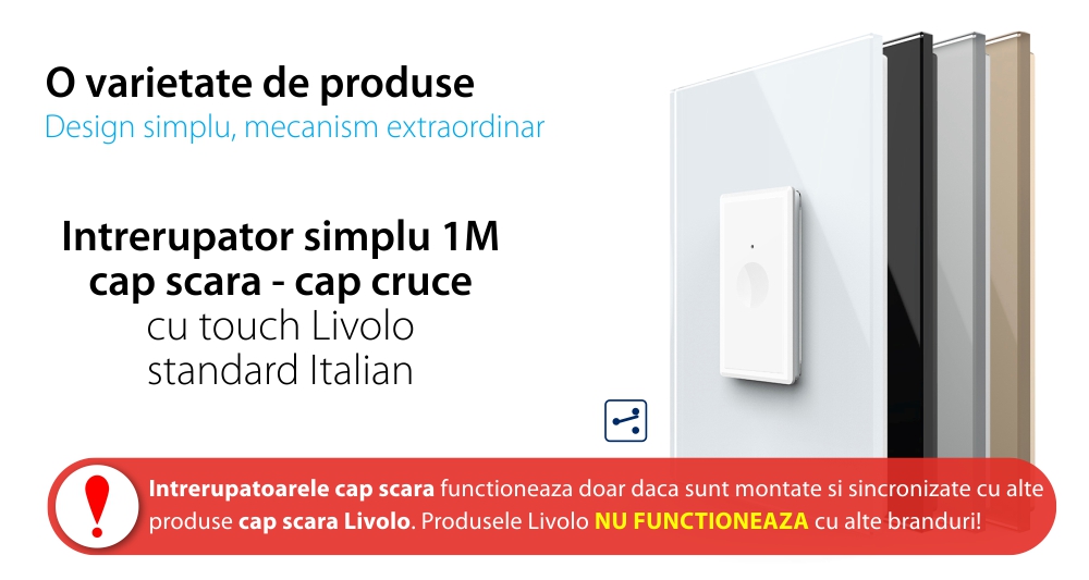 Intrerupator Simplu Cap Scara / Cruce cu Touch Livolo cu Rama Din Sticla 1M – Serie Noua