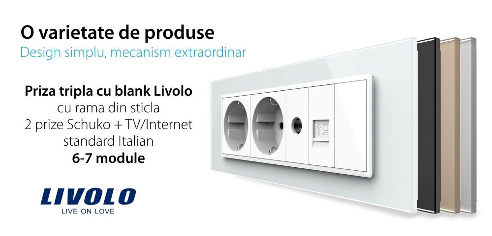 Priza Tripla cu Blank Livolo cu Rama din Sticla 2 Prize Schuko+TV/internet, Standard Italian – Serie Noua