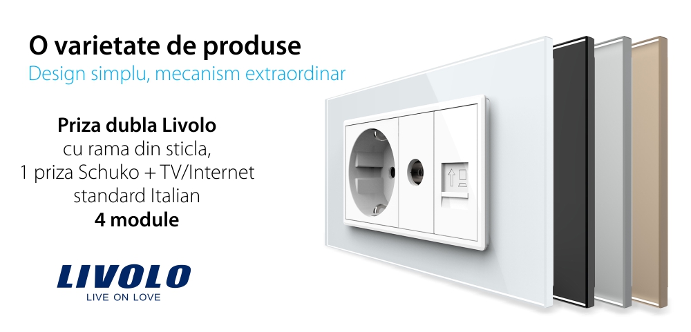 Priza Dubla Livolo cu Rama din Sticla 1 Priza Schuko+TV/internet, Standard Italian – Serie Noua