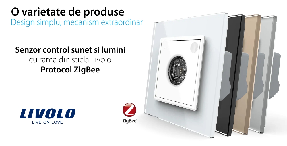 Senzor Control Sunet si Lumini Livolo cu Rama din Sticla, Protocol Zigbee