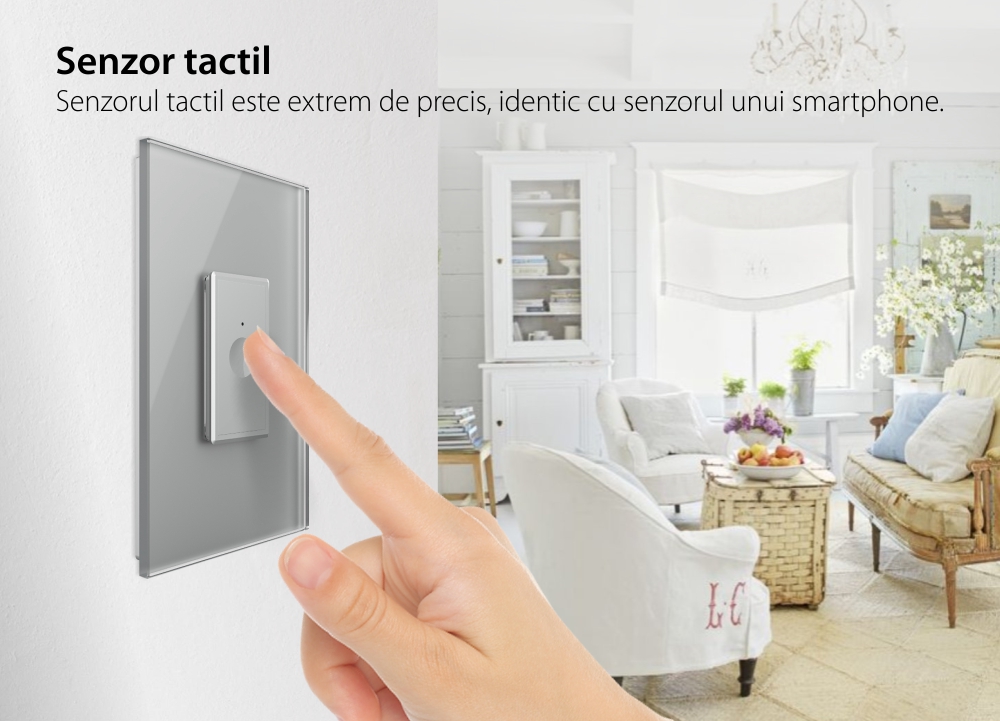 Intrerupator Simplu Cap Scara / Cruce cu Touch Livolo cu Rama Din Sticla 1M, Zigbee – Serie Noua