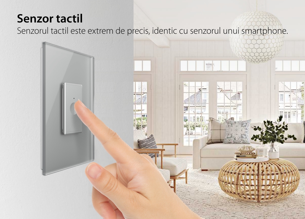 Intrerupator Simplu Cap Scara / Cruce cu Touch Livolo cu Rama Din Sticla 1M – Serie Noua