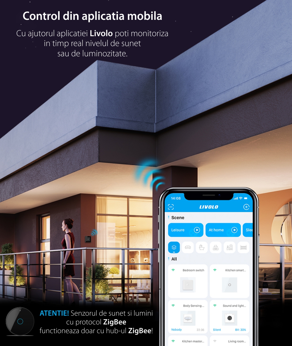 Senzor Control Sunet si Lumini Livolo cu Rama din Sticla, Protocol Zigbee