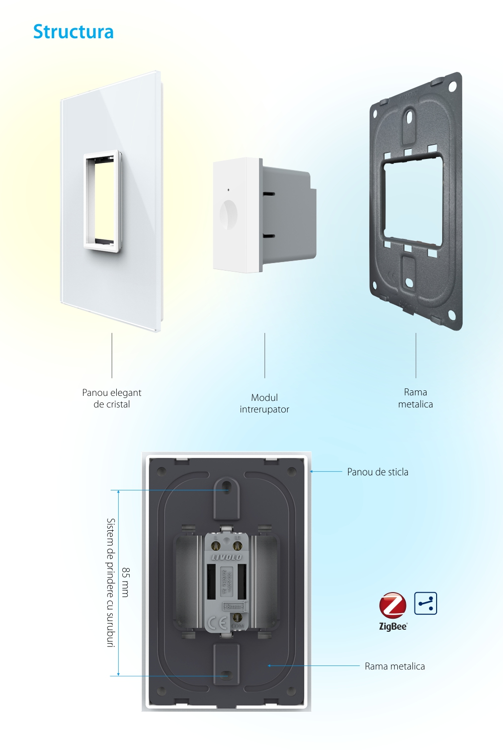 Intrerupator Simplu Cap Scara / Cruce cu Touch Livolo cu Rama Din Sticla 1M, Zigbee – Serie Noua