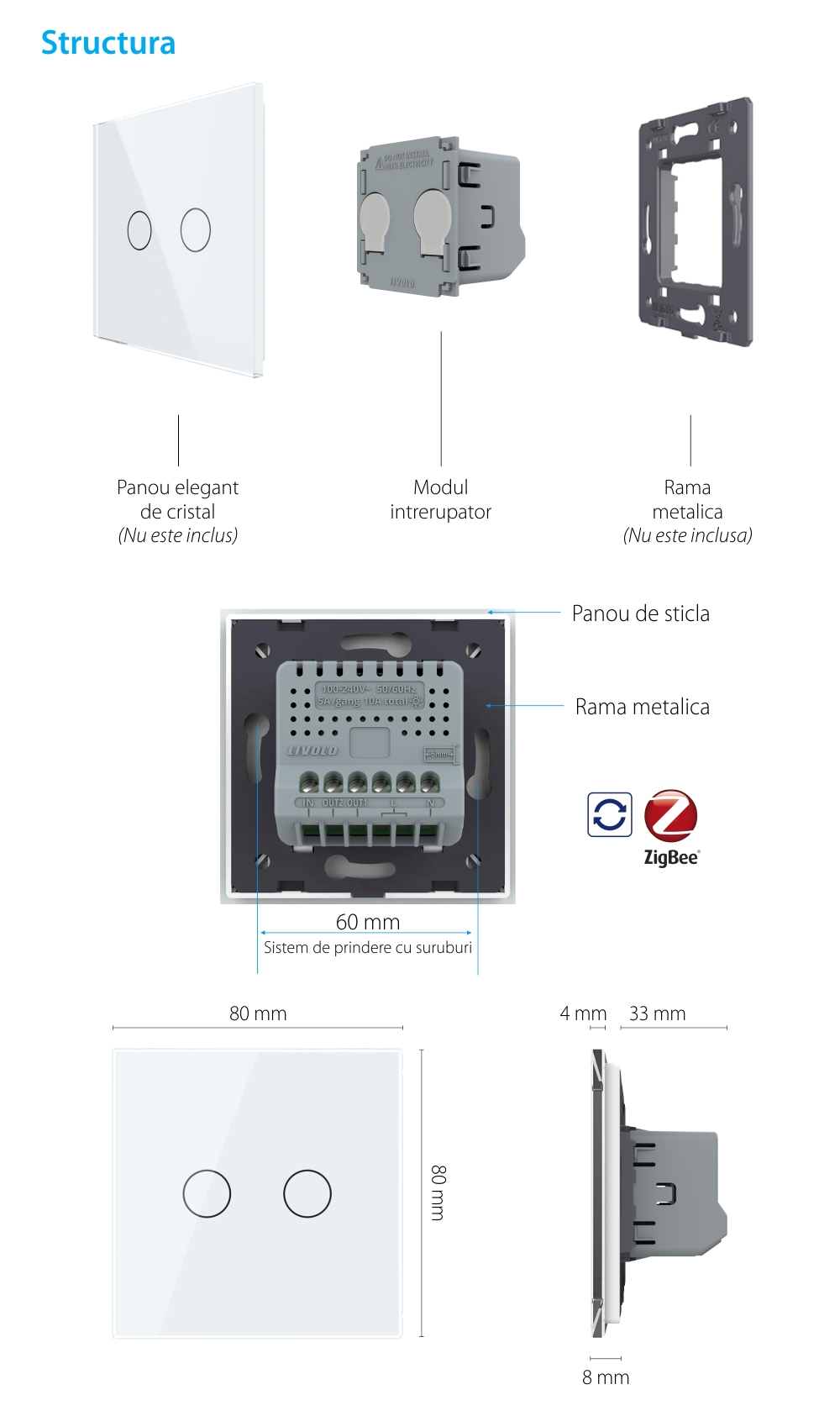 Modul Intrerupator Dublu cu Reset si Contact Uscat Livolo, ZigBee – Serie Noua