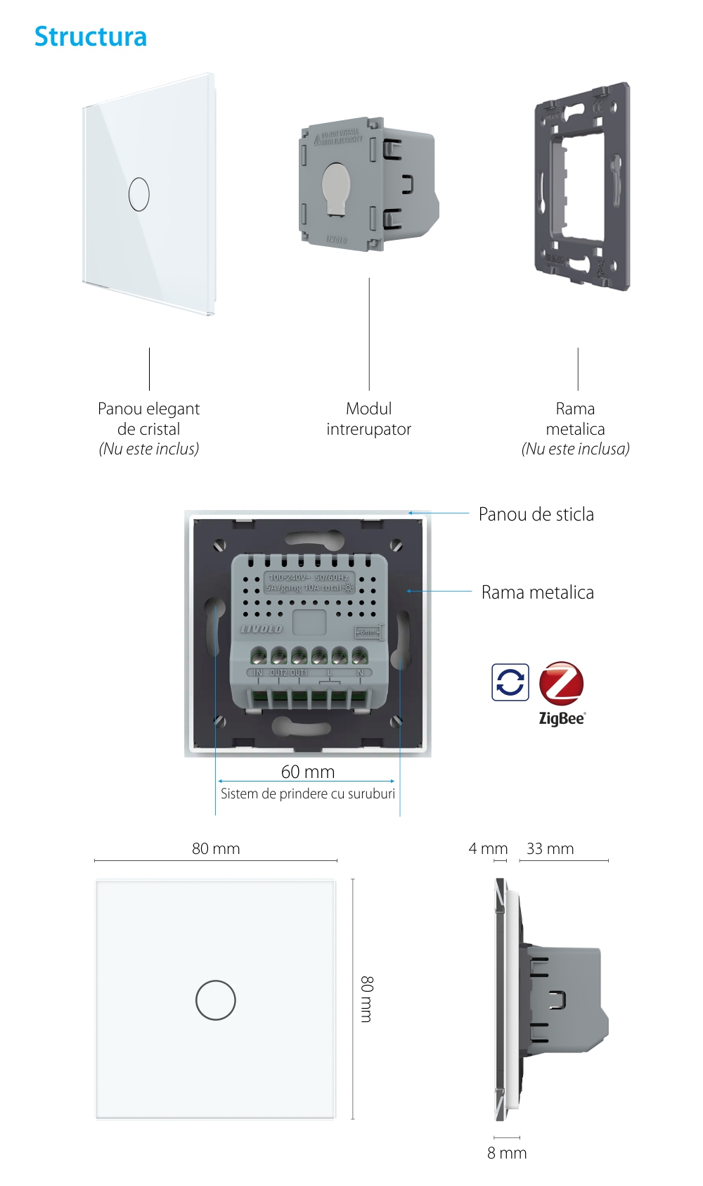 Modul Intrerupator Simplu cu Reset si Contact Uscat Livolo, ZigBee – Serie Noua