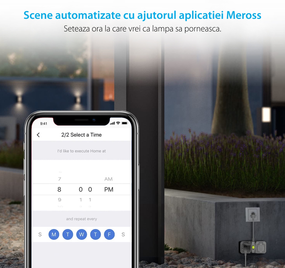 Priza inteligenta dubla pentru exterior Meross MSS620HK, Cablu 28.5 cm, Control aplicatie