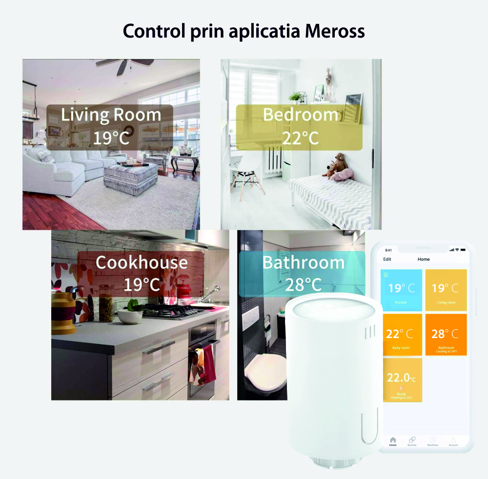 Cap termostatic inteligent pentru calorifer Meross MTS150, Control aplicatie, Wi-Fi