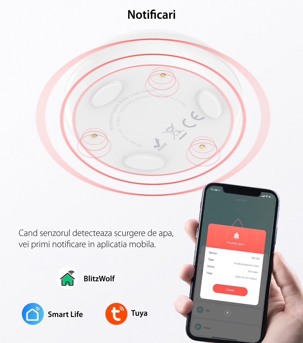 Senzor scurgere apa BlitzWolf BW-IS9, Control aplicatie, ZigBee, Notificari