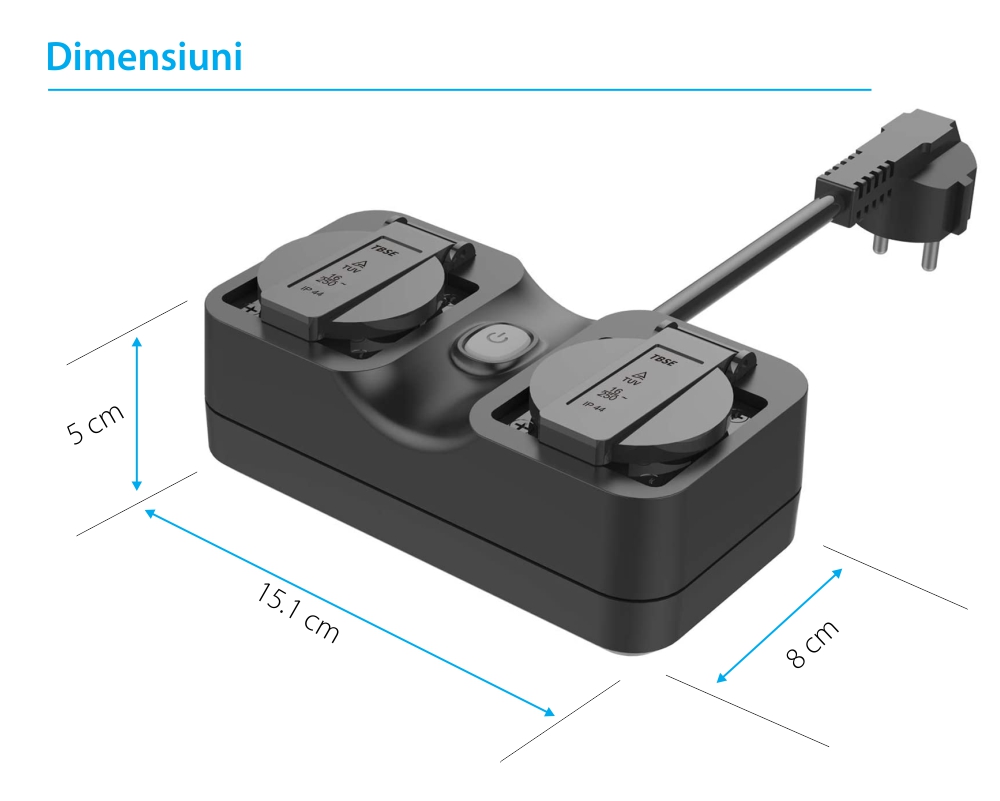 Priza inteligenta dubla pentru exterior Meross MSS620HK, Cablu 28.5 cm, Control aplicatie