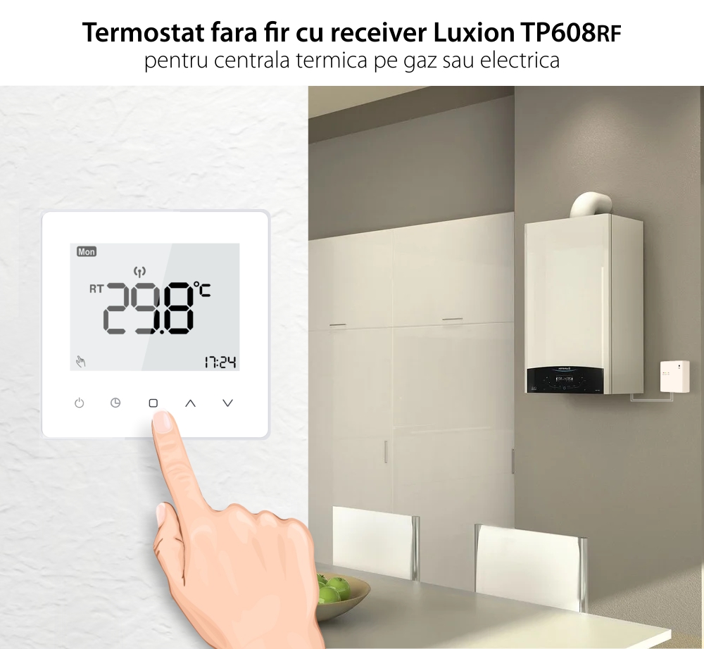 Termostat Luxion TP608RF cu receiver pentru centrala termica pe gaz sau electrica, Programari, Anti-inghet