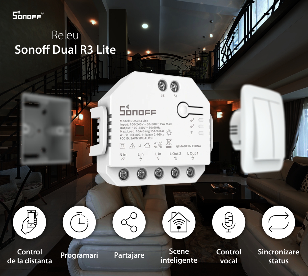 Releu Sonoff Dual R3 Lite cu 2 canale, Programari, Wi-Fi 2.4 GHz