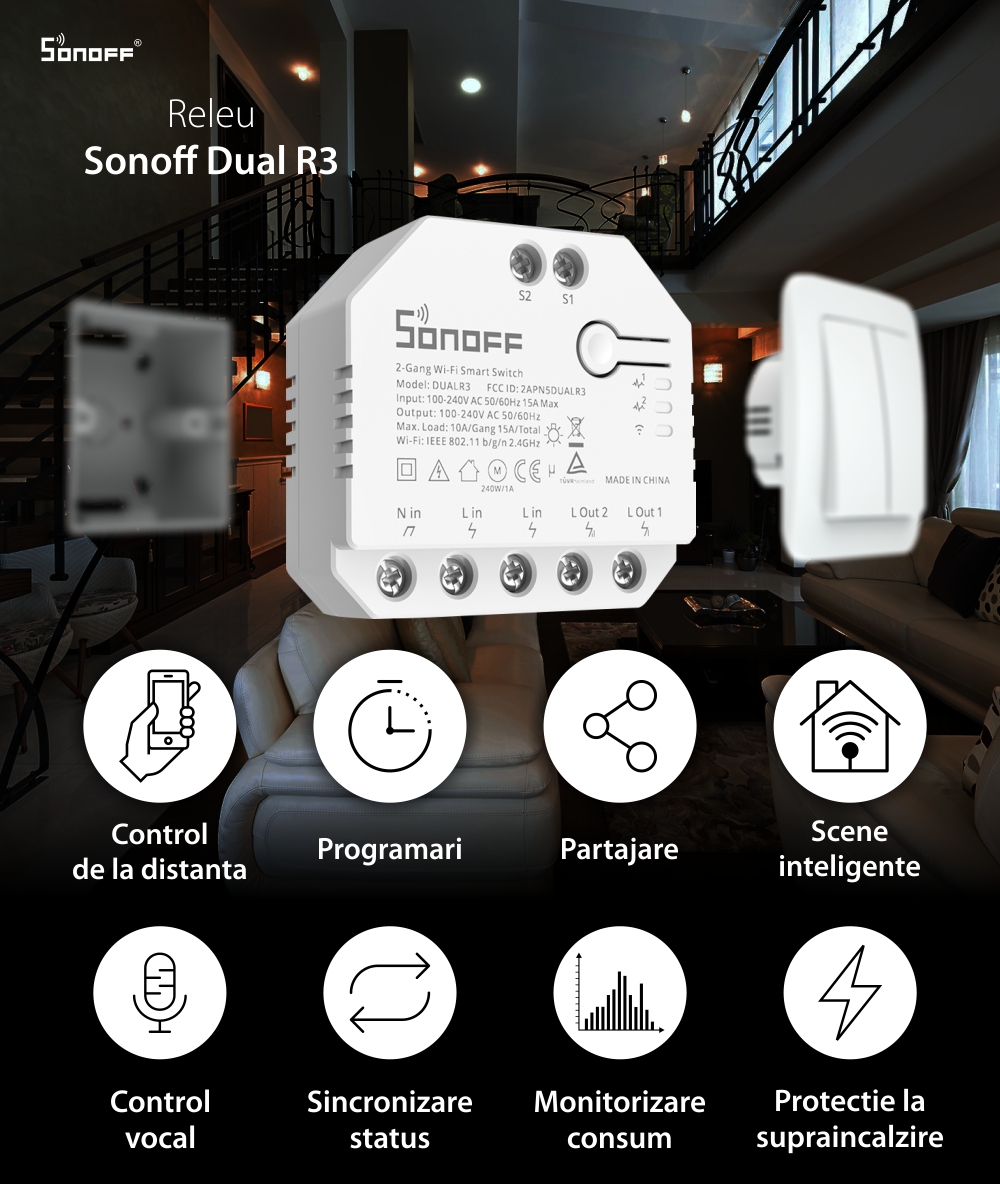 Releu Sonoff Dual R3 cu 2 canale, Programari, Wi-Fi 2.4 GHz, Contor energie