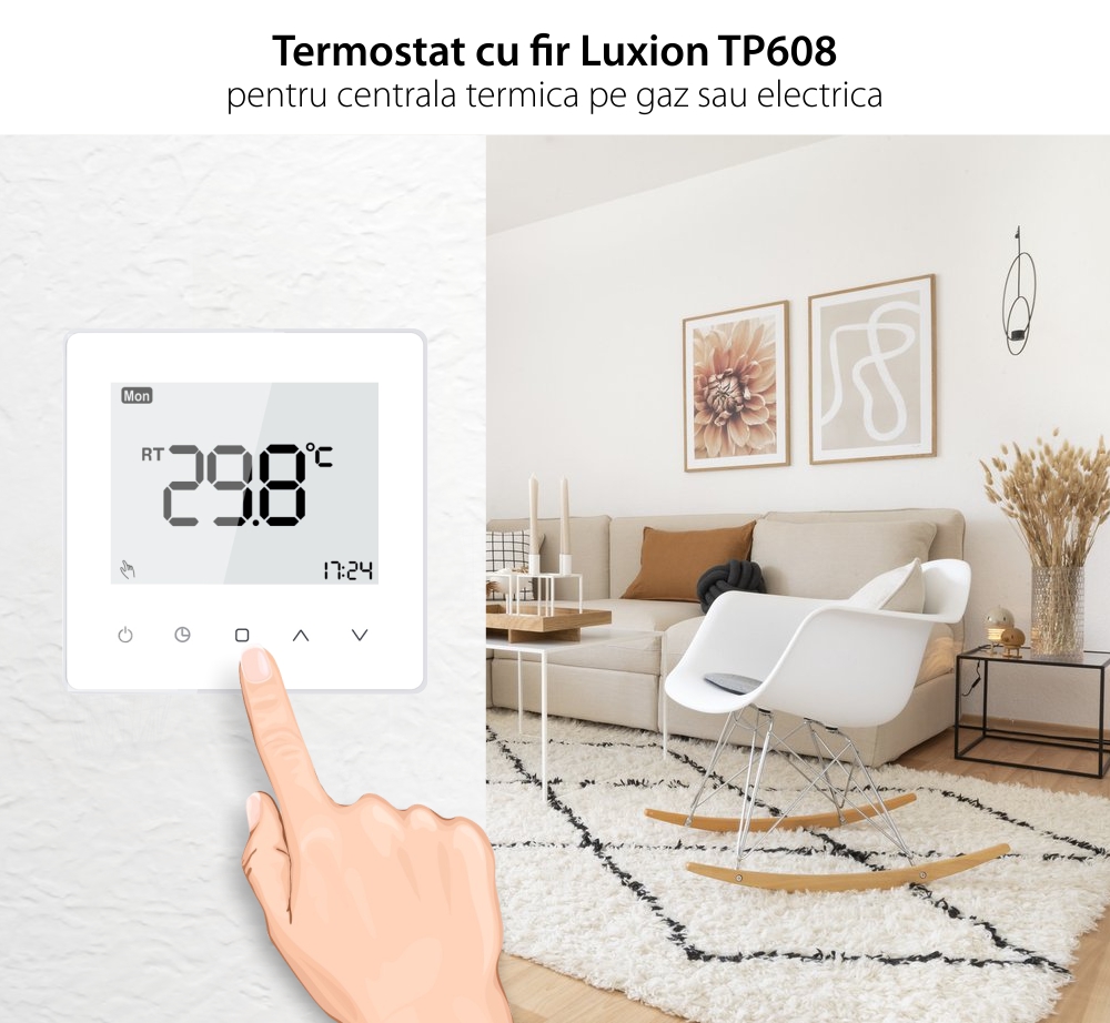 Termostat cu fir Luxion TP608 pentru centrala termica pe gaz sau electrica, Programari, Anti-inghet