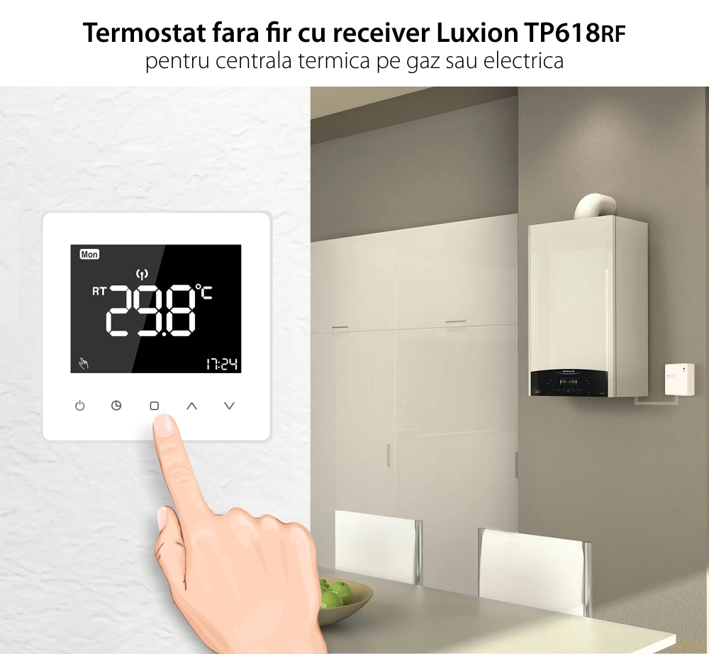 Termostat Luxion TP618RF cu receiver pentru centrala termica pe gaz sau electrica, Display LCD, Memorare