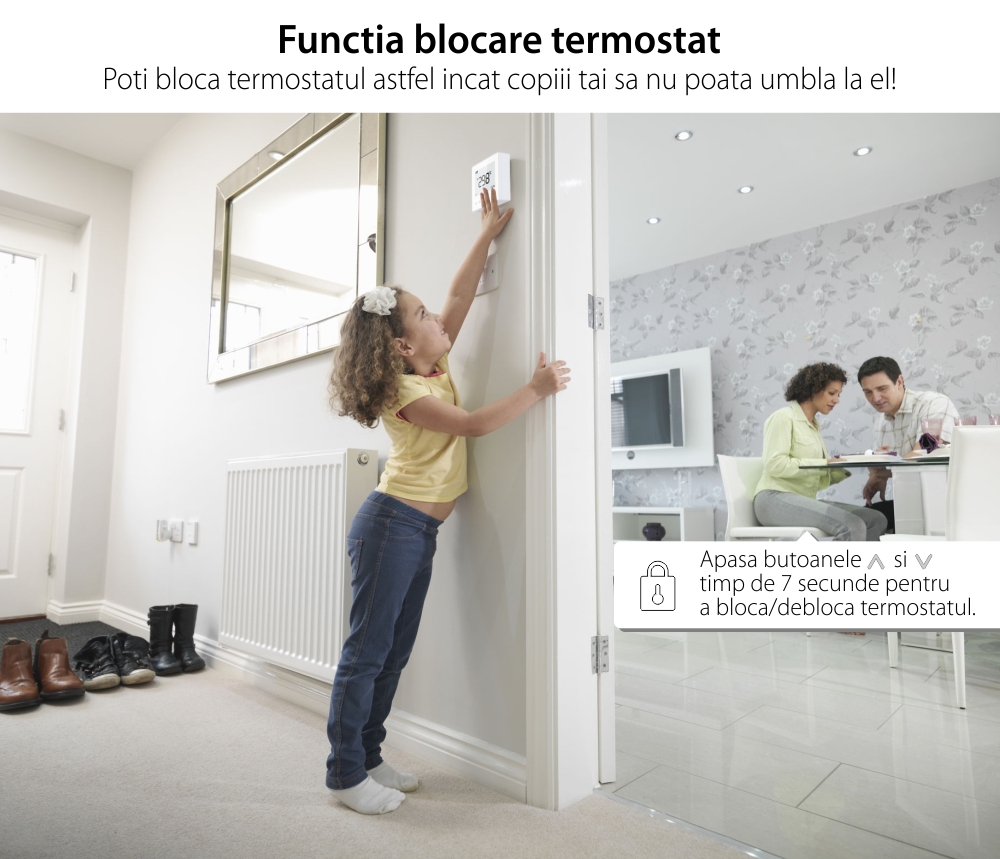 Termostat Wi-Fi Luxion TP608RFW cu receiver pentru centrala termica pe gaz sau electrica, Smart, Programari, Control aplicatie