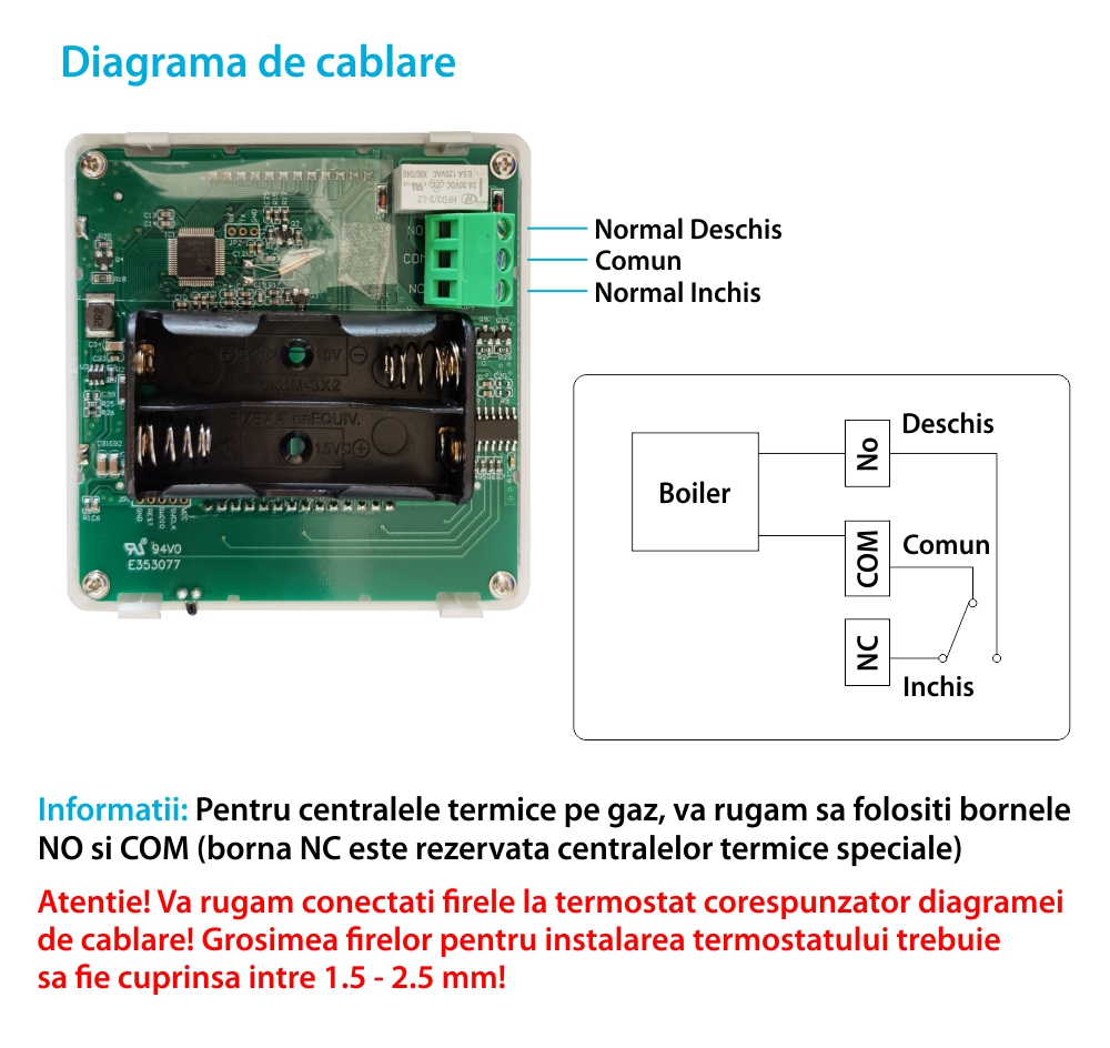 Termostat cu fir Luxion TP608 pentru centrala termica pe gaz sau electrica, Programari, Anti-inghet