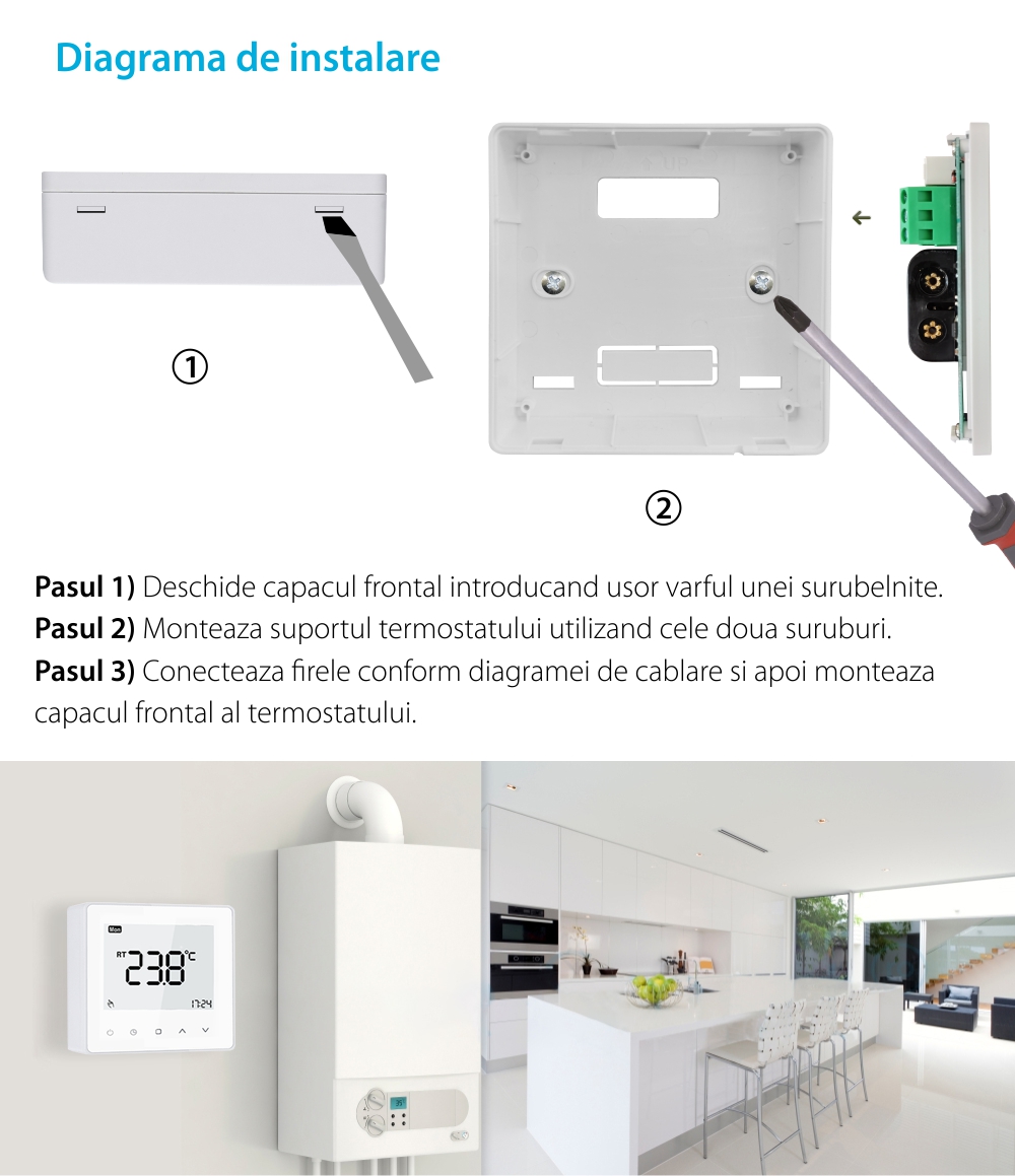 Termostat cu fir Luxion TP608 pentru centrala termica pe gaz sau electrica, Programari, Anti-inghet