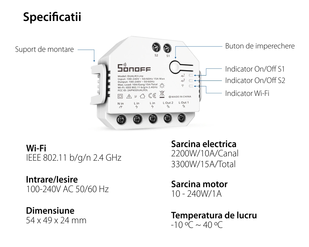 Releu Sonoff Dual R3 Lite cu 2 canale, Programari, Wi-Fi 2.4 GHz