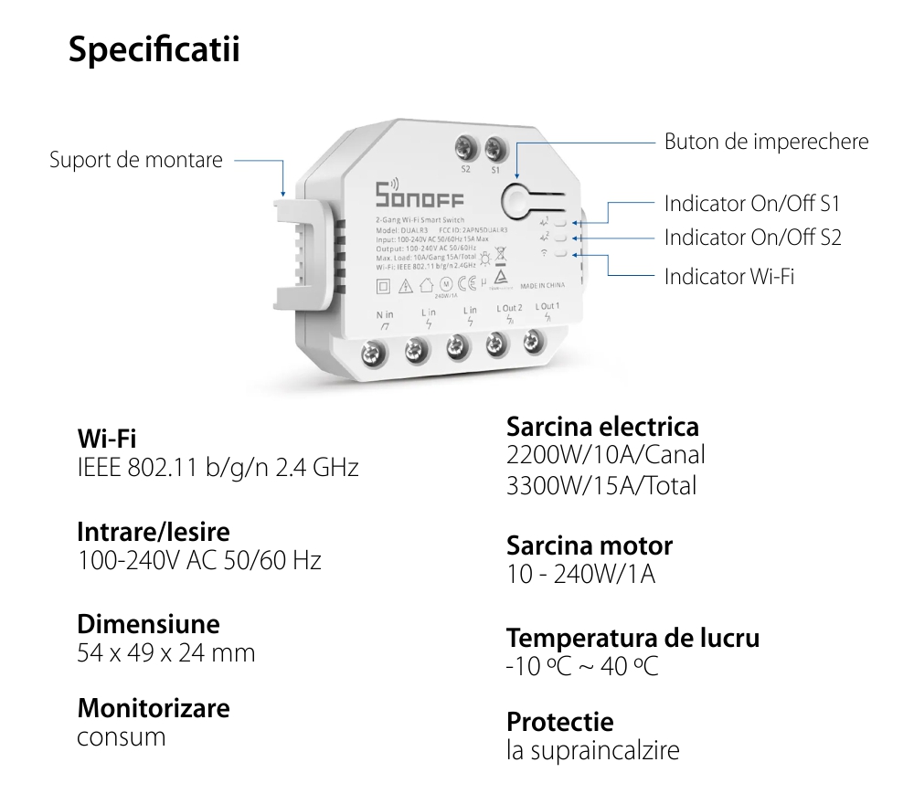 Releu Sonoff Dual R3 cu 2 canale, Programari, Wi-Fi 2.4 GHz, Contor energie