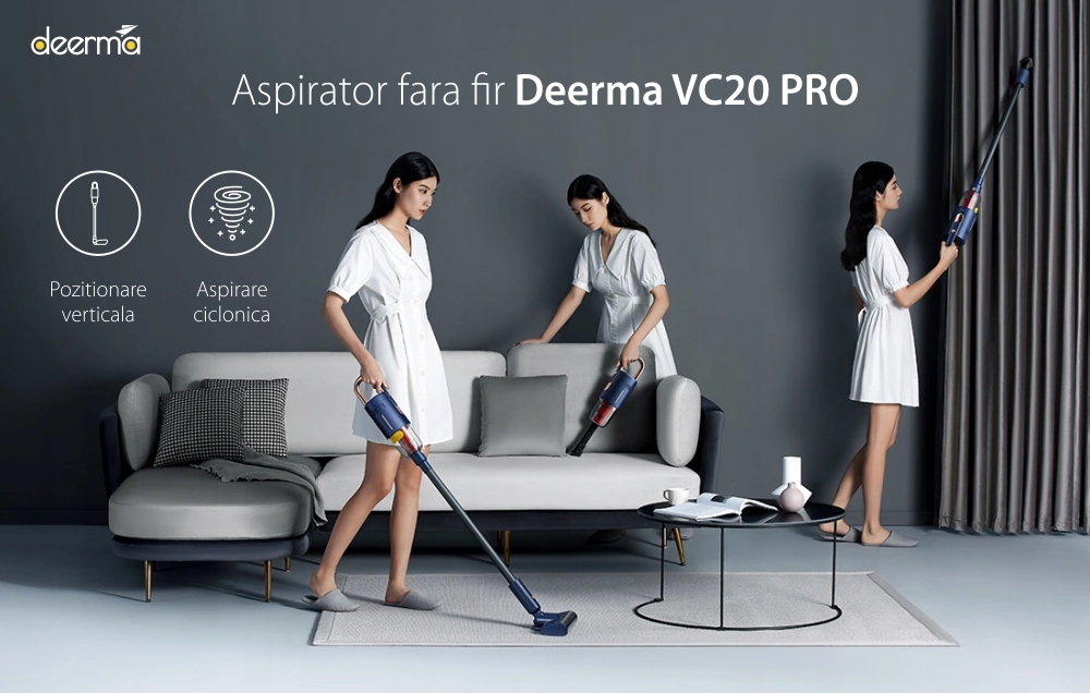 Aspirator vertical fara fir Deerma VC20 Pro, Mop, Putere 220W, Baterie 2500 mAh, Albastru