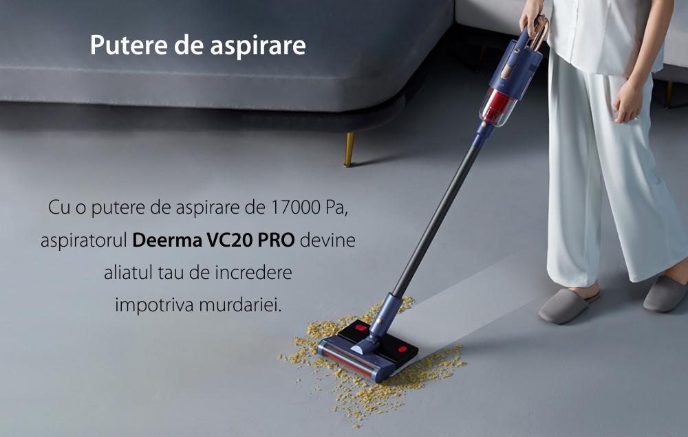 Aspirator vertical fara fir Deerma VC20 Pro, Mop, Putere 220W, Baterie 2500 mAh, Albastru