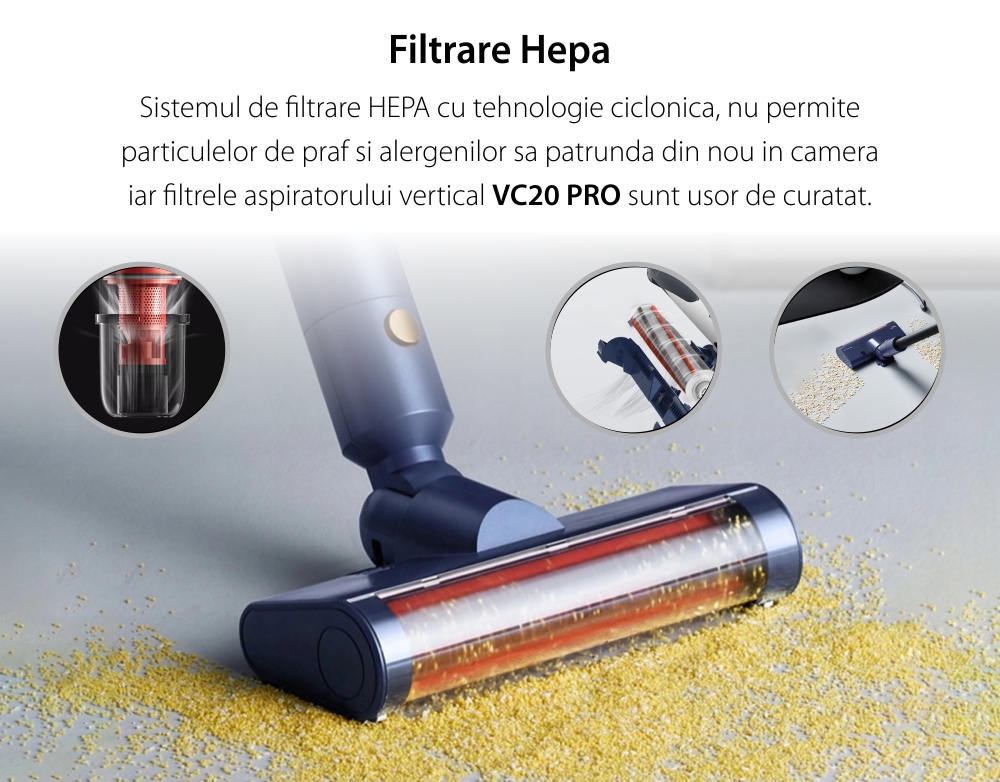 Aspirator vertical fara fir Deerma VC20 Pro, Mop, Putere 220W, Baterie 2500 mAh, Albastru