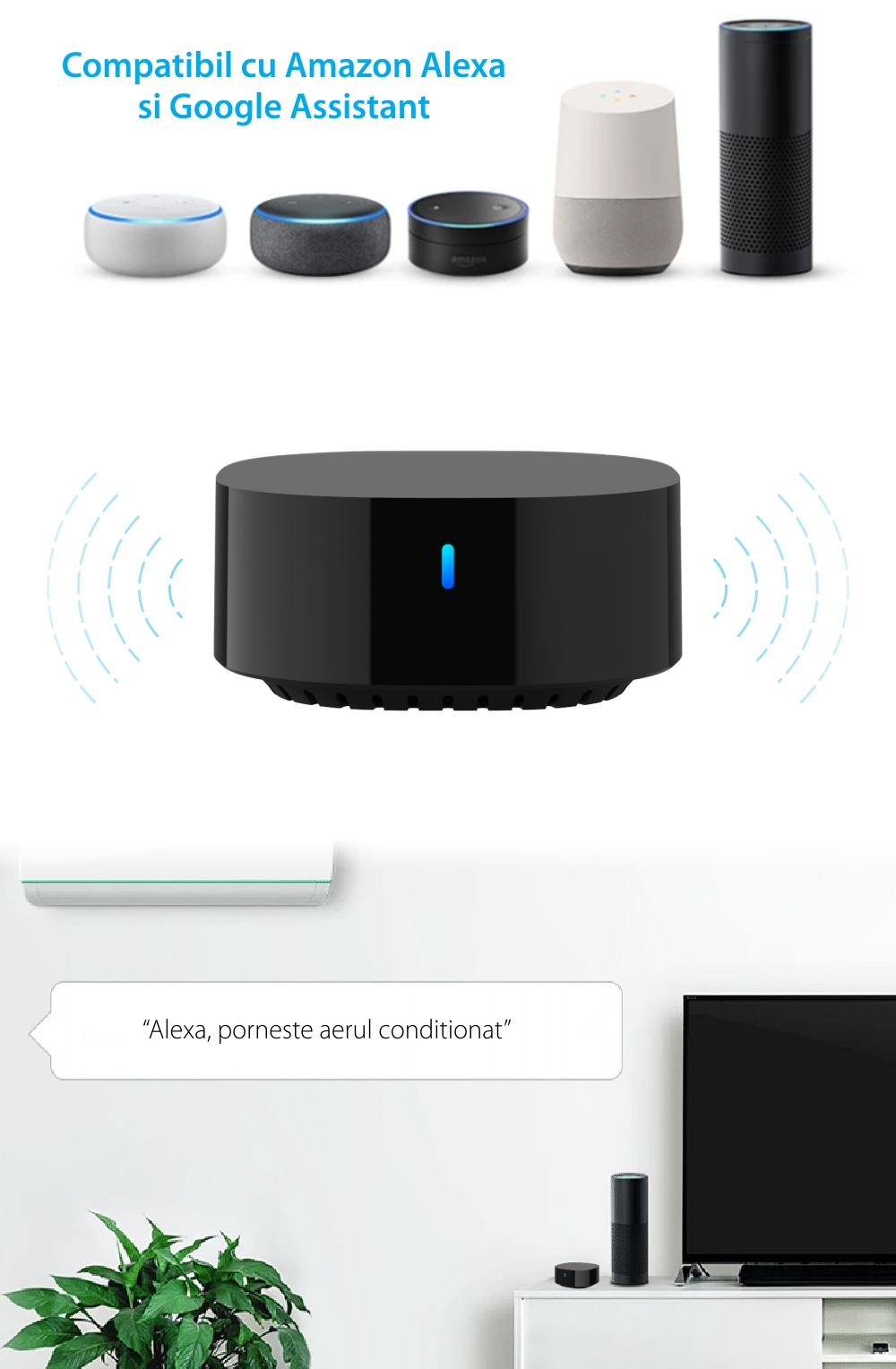 Telecomanda universala IR Broadlink TV Mate, Integrare Alexa, Google Assistant & IFTTT, Aplicatie, Distanta 8 metri