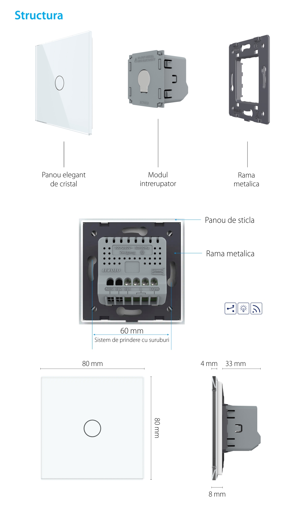 Intrerupator Simplu Cap Scara / Cruce cu Variator, Wireless si Touch LIVOLO – Serie Noua