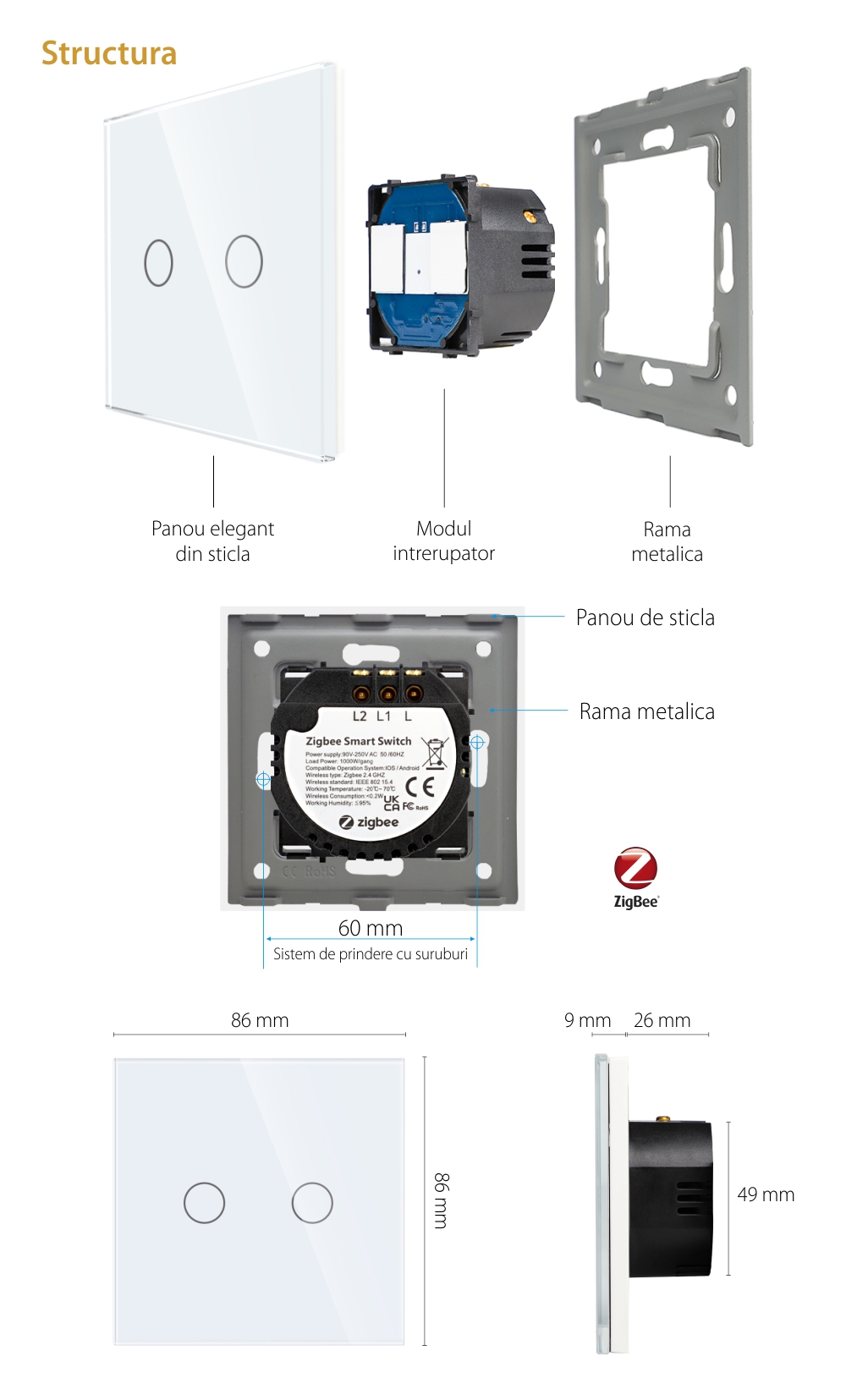 Intrerupator Dublu cu Touch din Sticla LUXION, protocol ZigBee