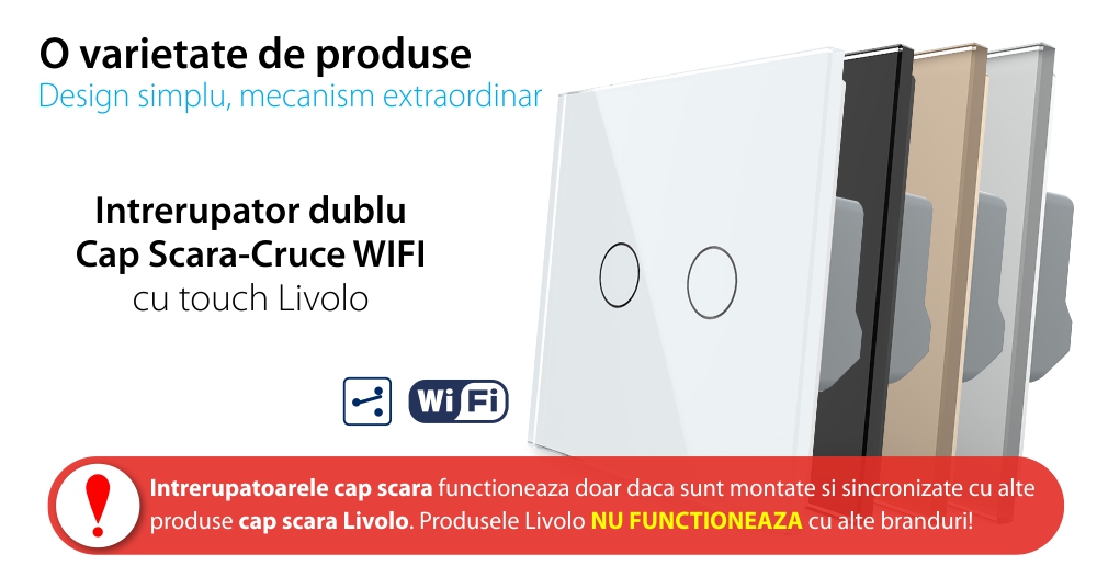 Intrerupator Dublu Cap Scara / Cruce Wi-Fi cu Touch LIVOLO din Sticla – Serie Noua