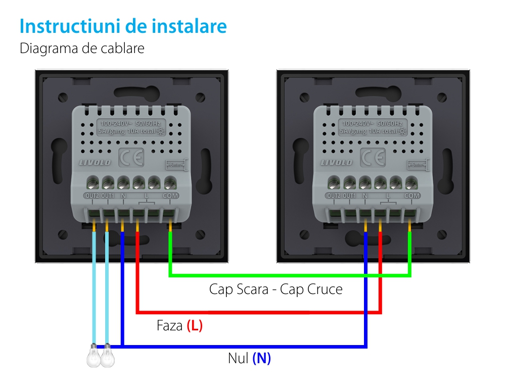 Intrerupator Dublu Cap Scara / Cruce Wi-Fi cu Touch LIVOLO din Sticla – Serie Noua