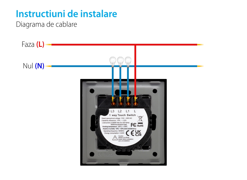 Intrerupator Triplu cu Touch din Sticla LUXION, 500W