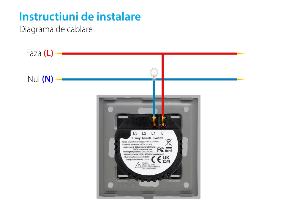 Intrerupator Simplu cu Touch din Sticla LUXION, 500W