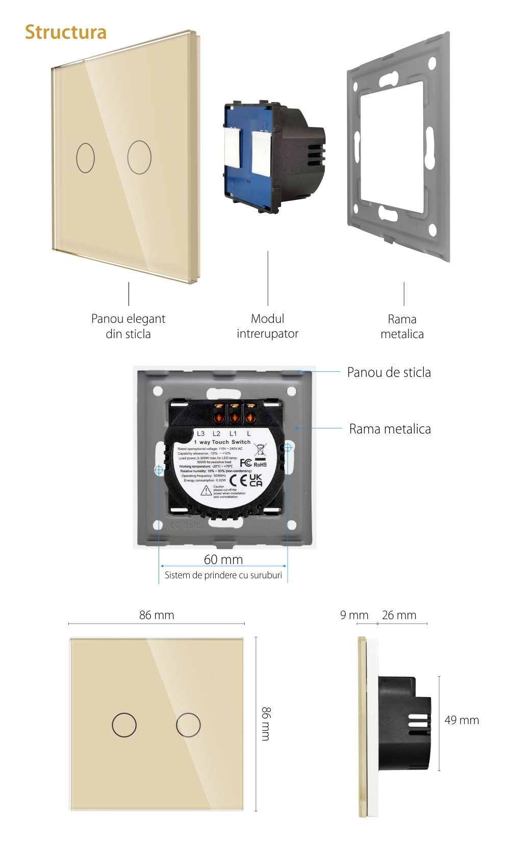 Intrerupator Dublu cu Touch din Sticla LUXION, 500W