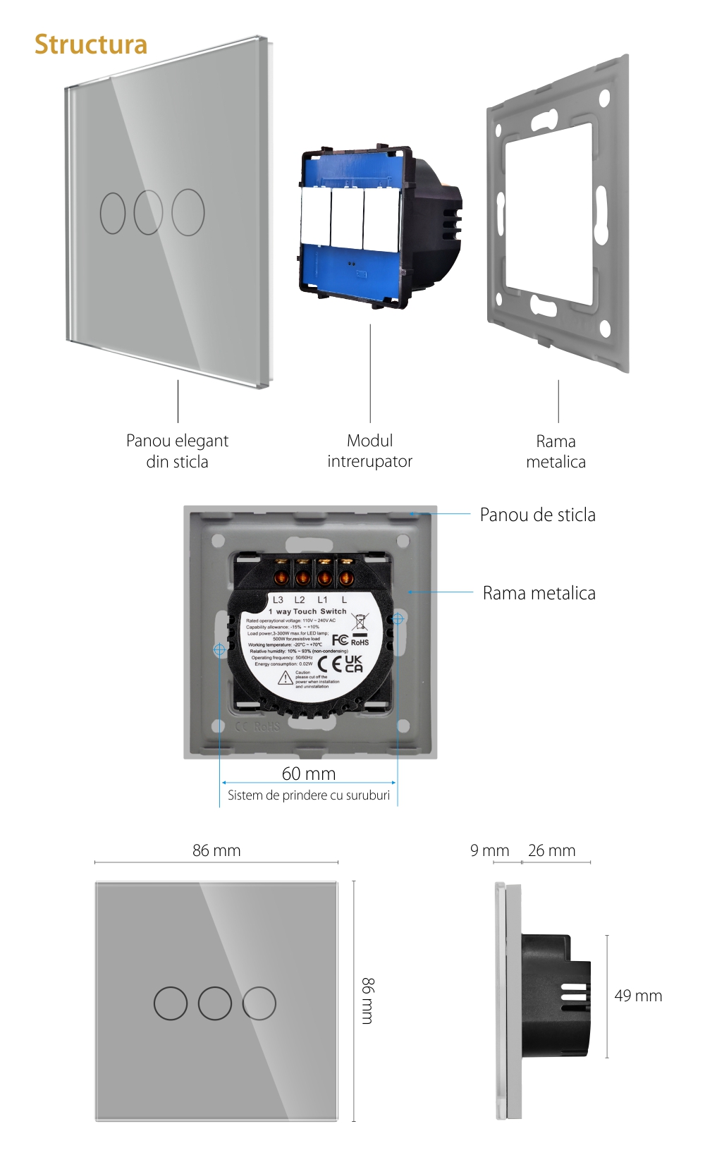 Intrerupator Triplu cu Touch din Sticla LUXION, 500W