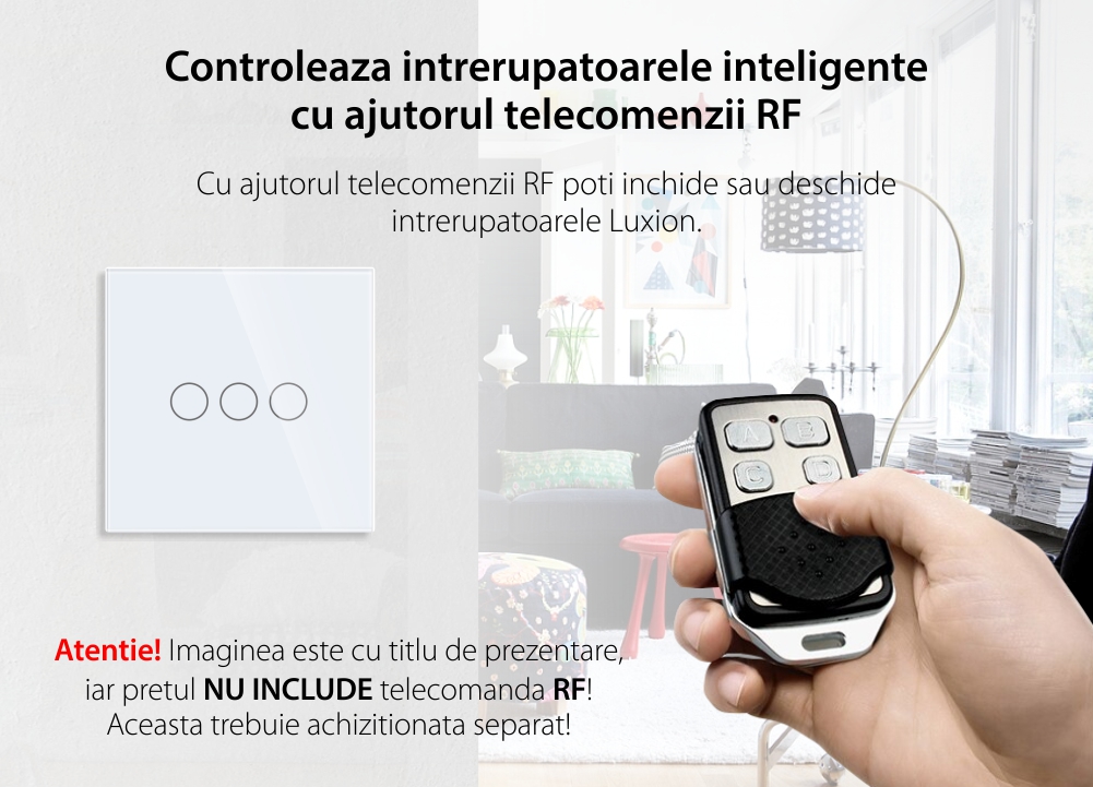 Intrerupator Triplu RF433 cu Touch din Sticla LUXION