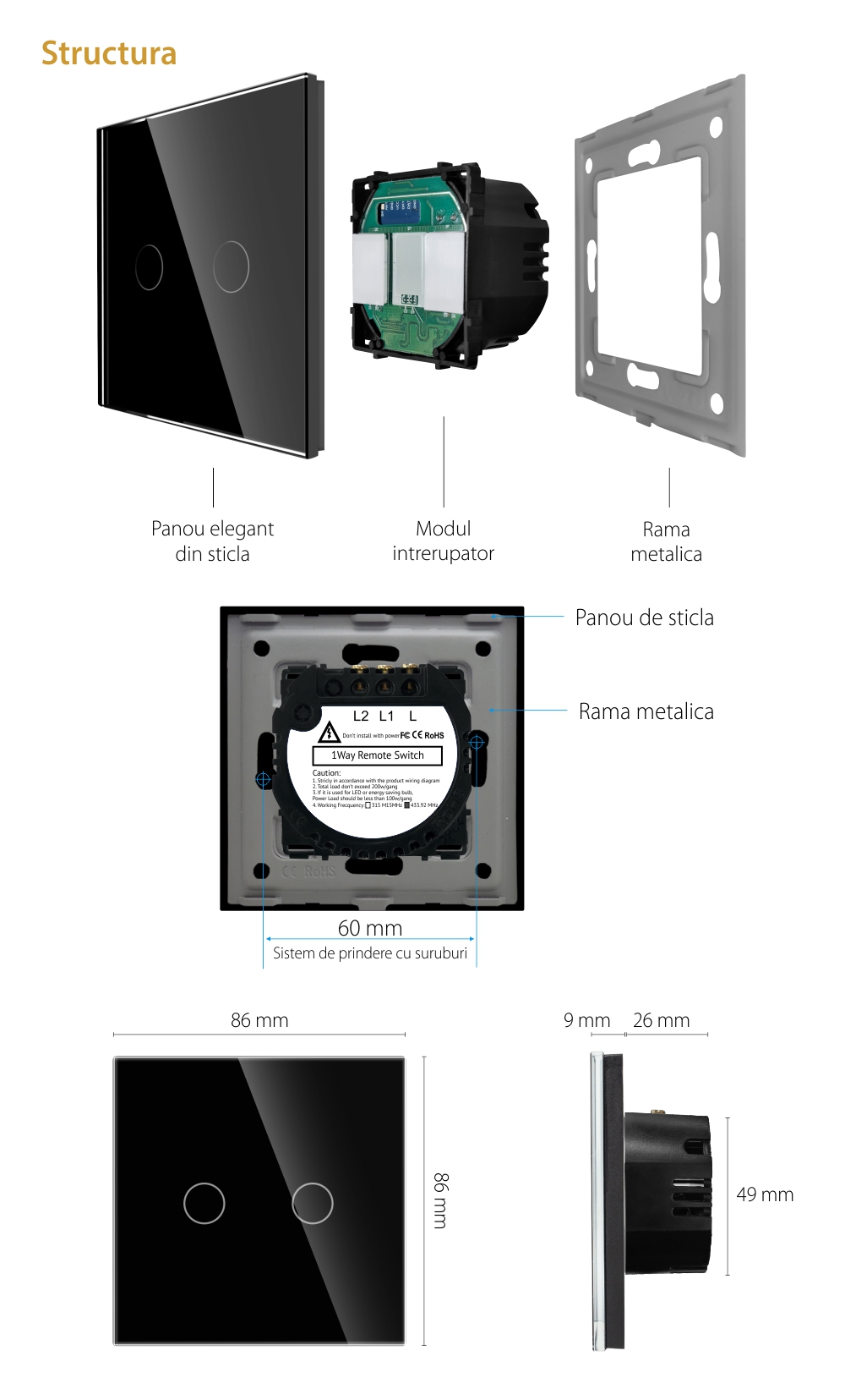 Intrerupator Dublu RF433 cu Touch din Sticla LUXION