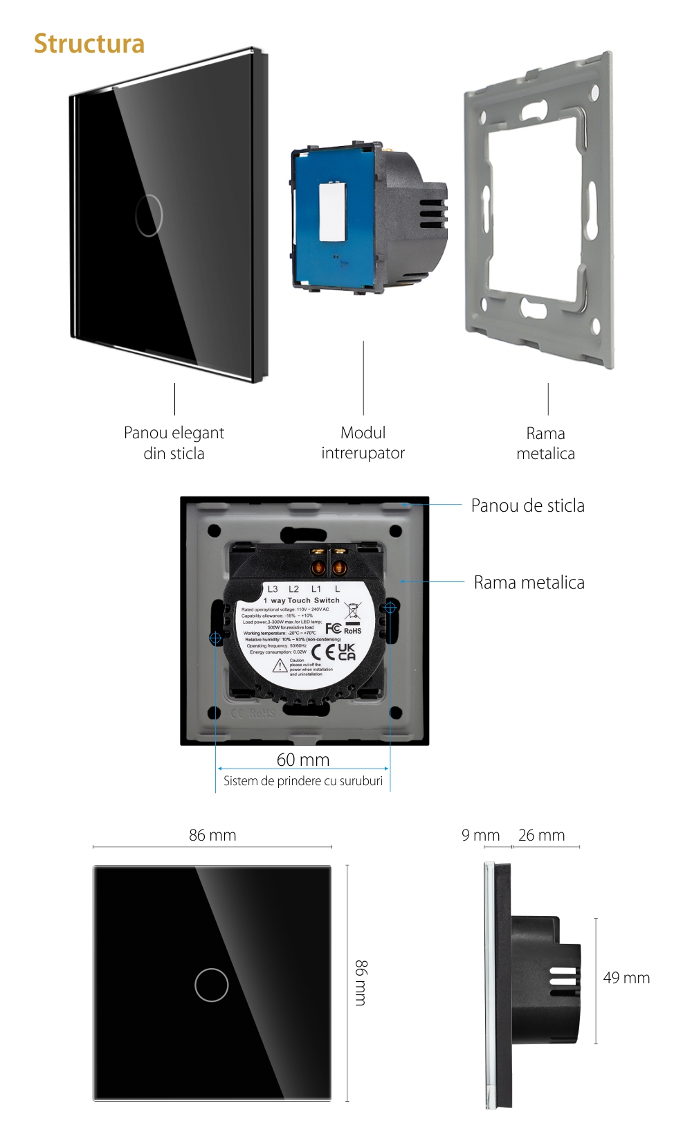 Intrerupator Simplu cu Touch din Sticla LUXION, 500W