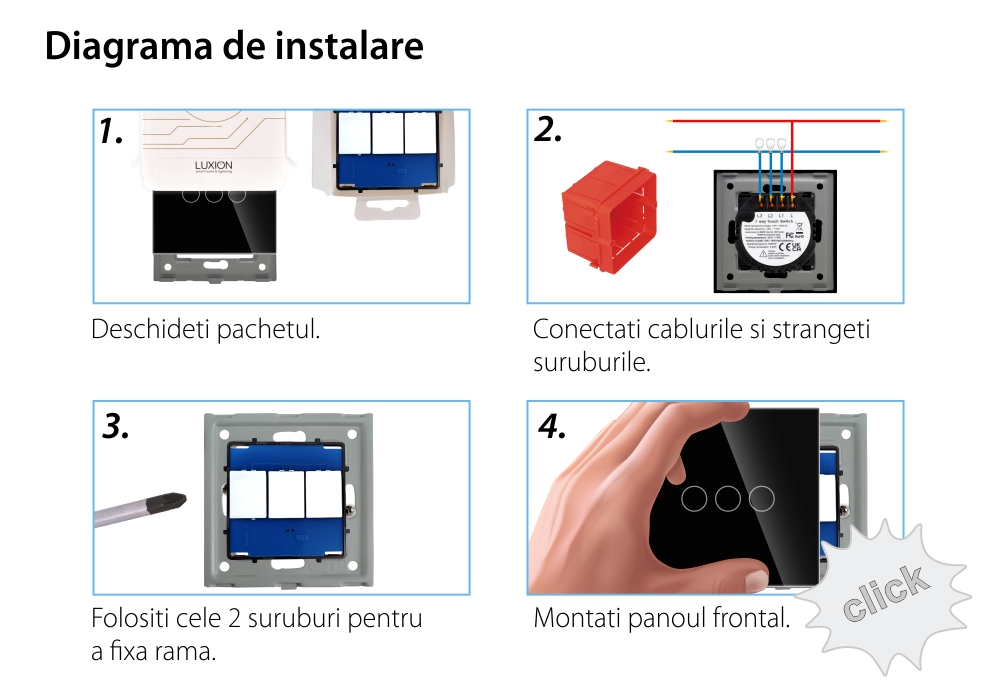 Intrerupator Triplu cu Touch din Sticla LUXION, 500W