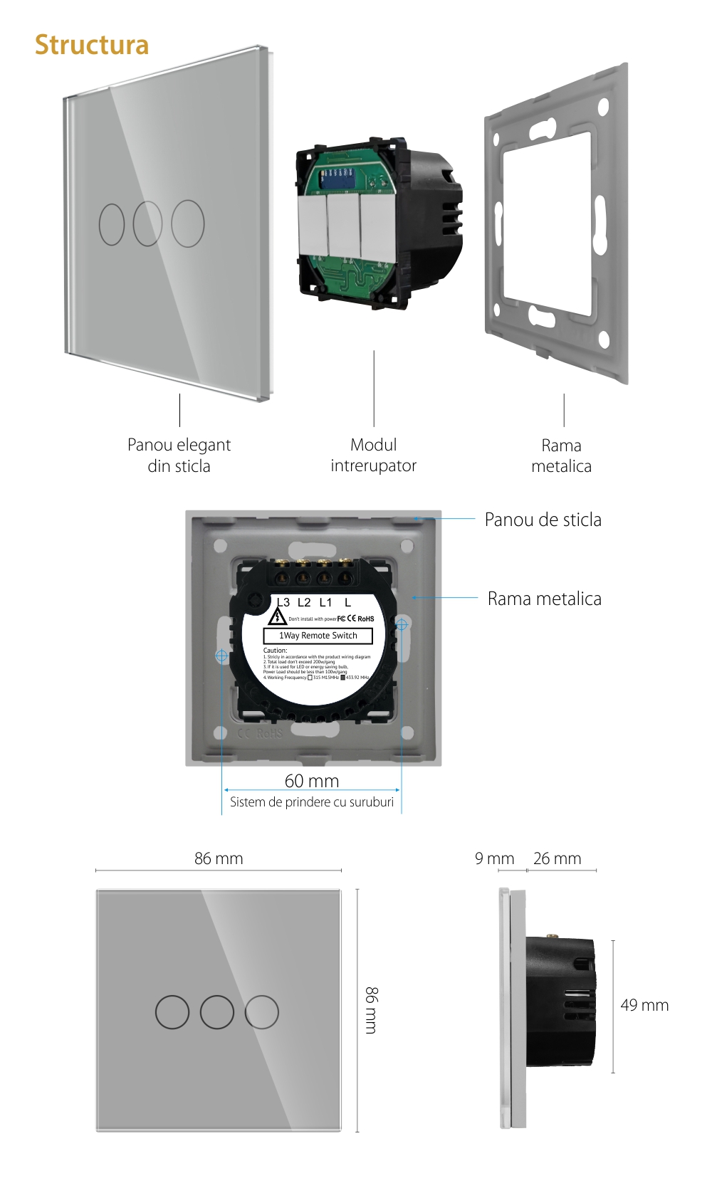 Intrerupator Triplu RF433 cu Touch din Sticla LUXION