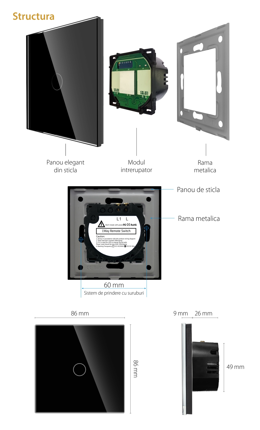 Intrerupator Simplu RF433 cu Touch din Sticla LUXION