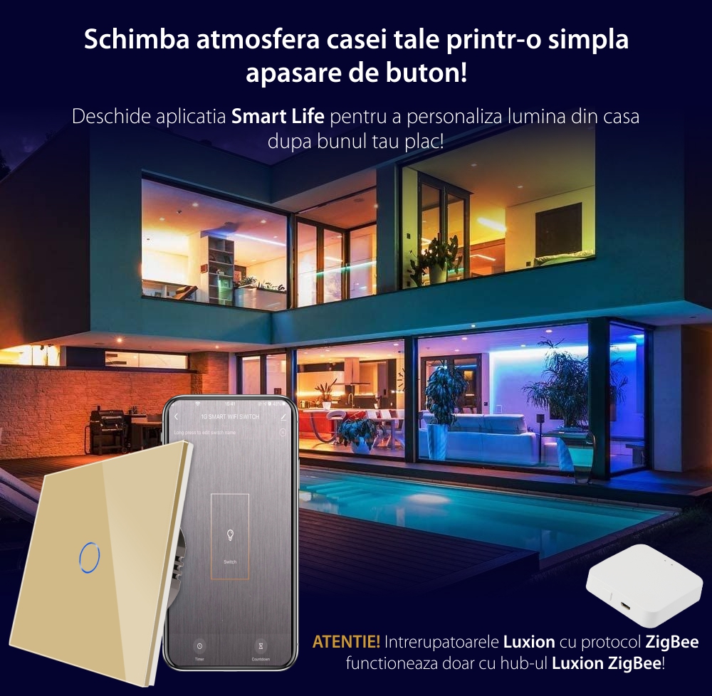 Intrerupator Simplu cu Touch din Sticla LUXION, protocol ZigBee