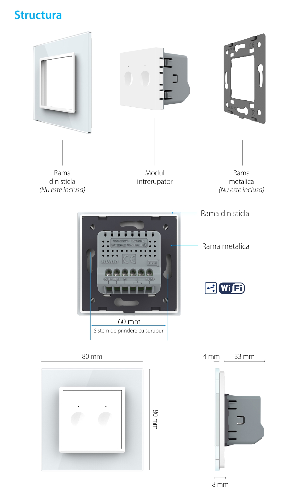 Modul Intrerupator Dublu Cap Scara / Cruce Wi-Fi cu Touch LIVOLO – Serie Noua, Alb