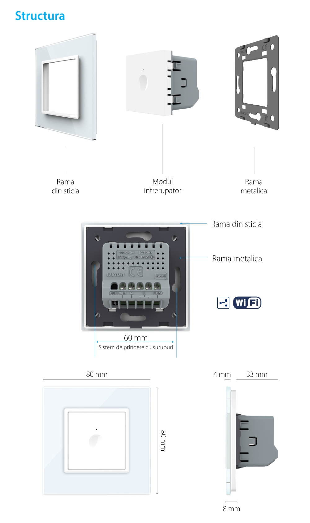 Intrerupator Simplu Cap Scara / Cruce Wi-Fi cu Touch LIVOLO – Serie Noua, Alb