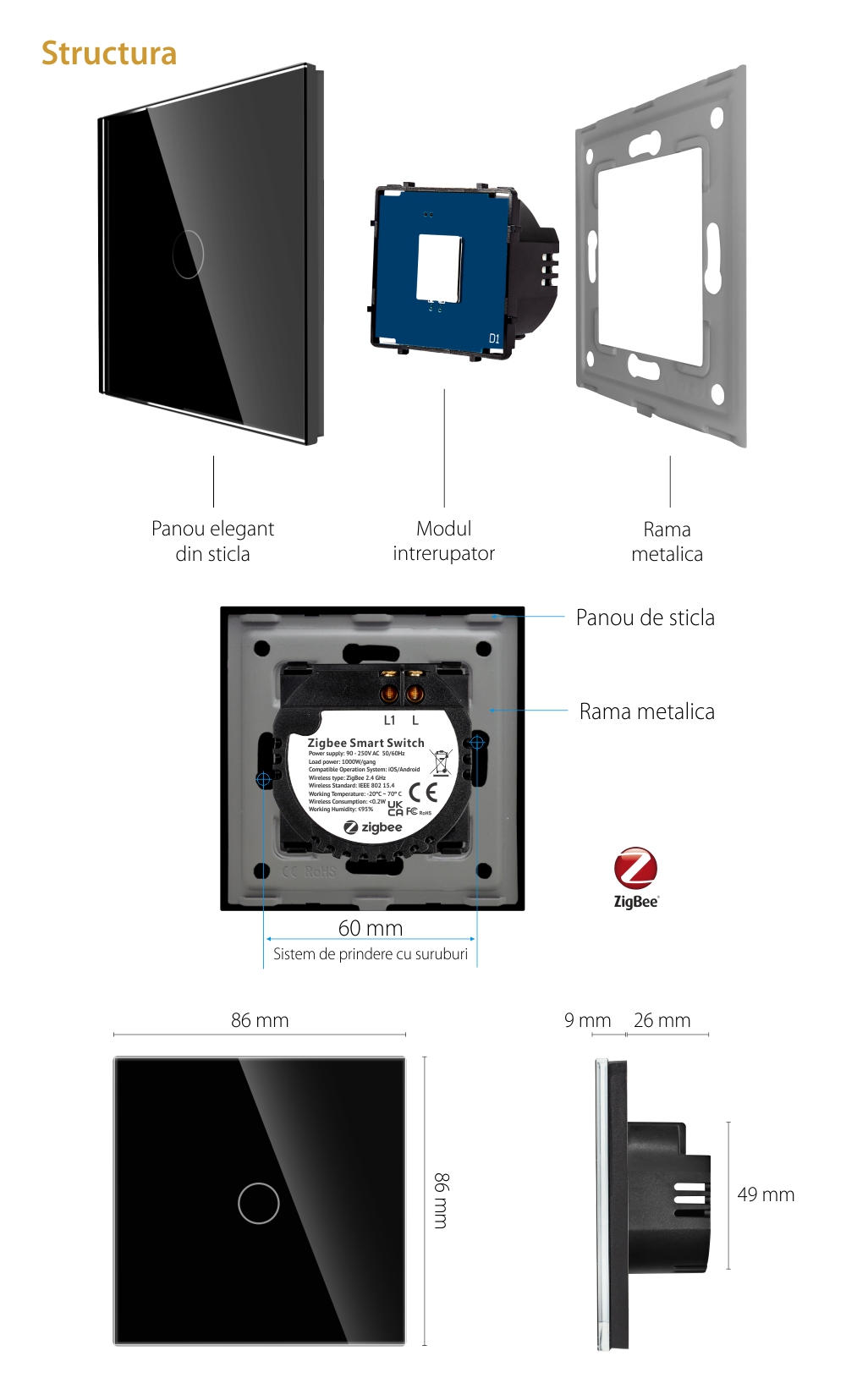 Intrerupator Simplu cu Touch din Sticla LUXION, protocol ZigBee