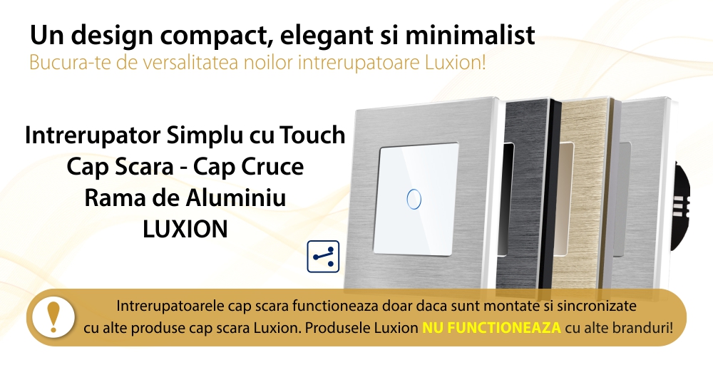 Intrerupator Simplu Cap Scara / Cruce cu Touch din Sticla si Rama de Aluminiu LUXION