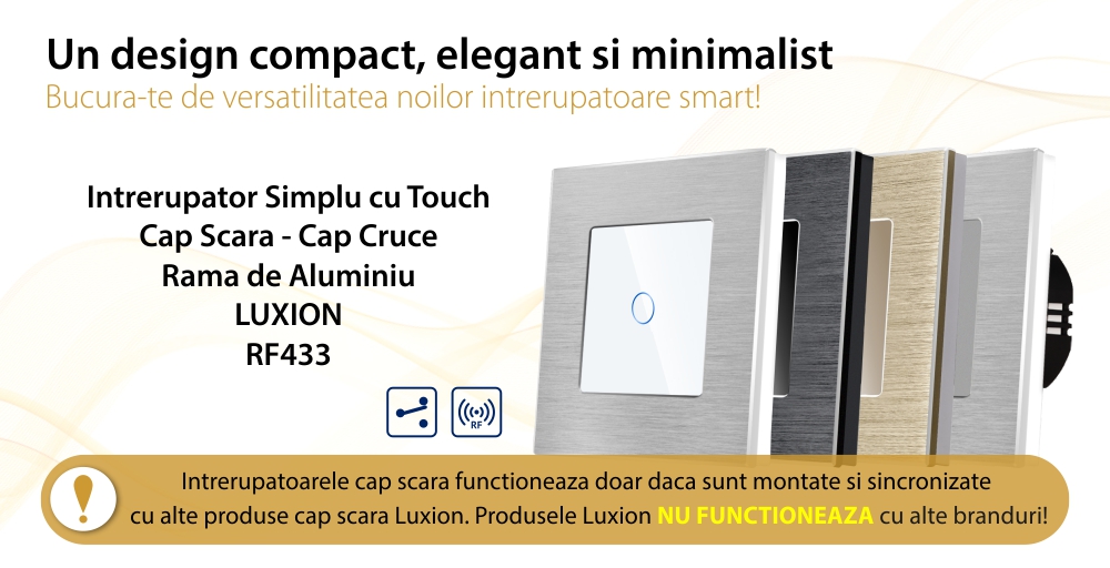 Intrerupator Simplu Cap Scara / Cruce cu Touch din Sticla si Rama de Aluminiu LUXION, RF433