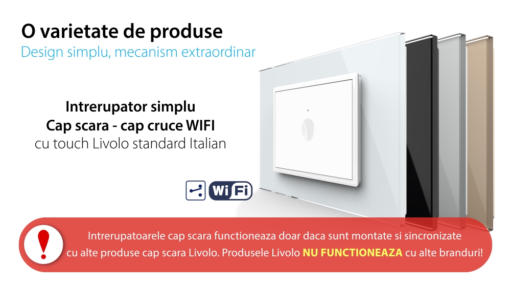 Intrerupator Simplu Cap Scara / Cruce Wi-Fi cu Touch LIVOLO cu Rama din Sticla, standard italian – Serie Noua